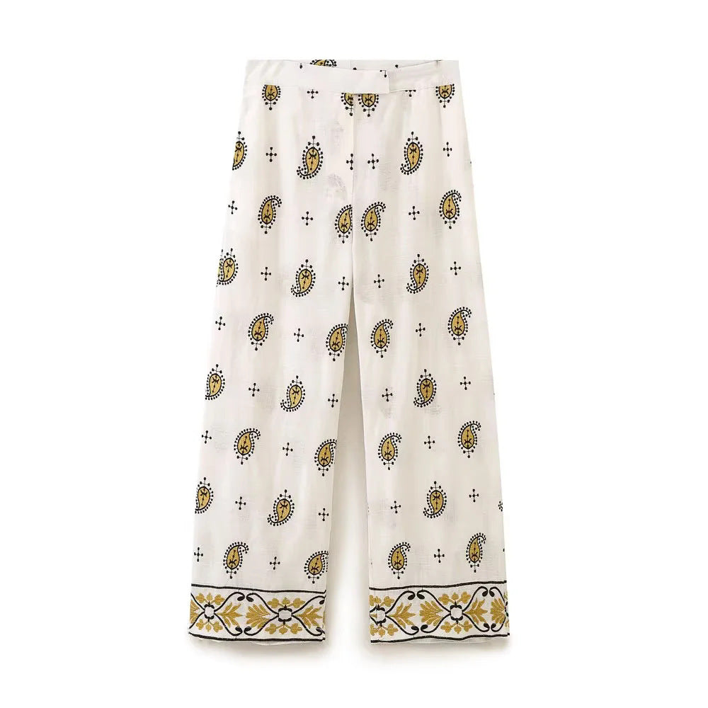 Damen weiter Leinenhose mit hohem Bund, Bordürstickerei und folklorem Paisley-Print – Avélisse