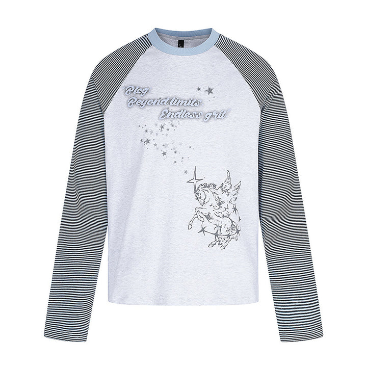 Damen Raglan-Langarmshirt im Astral-Motiv mit feinen Streifenärmeln und Relief-Print Echoarchiv