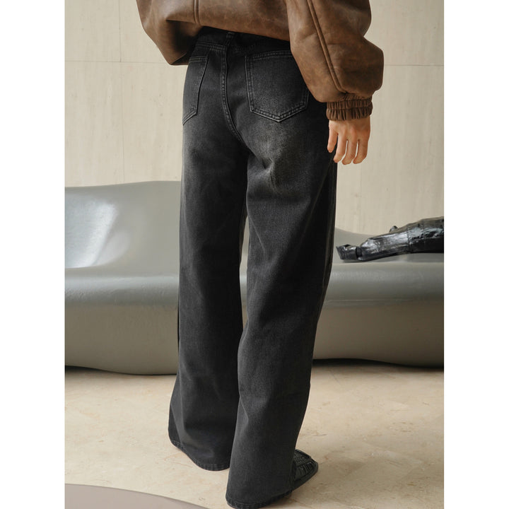 Damen weite High‑Waist Denim‑Jeans im Baggy‑Cut mit Mittelnaht und Used‑Effekt Echoarchiv