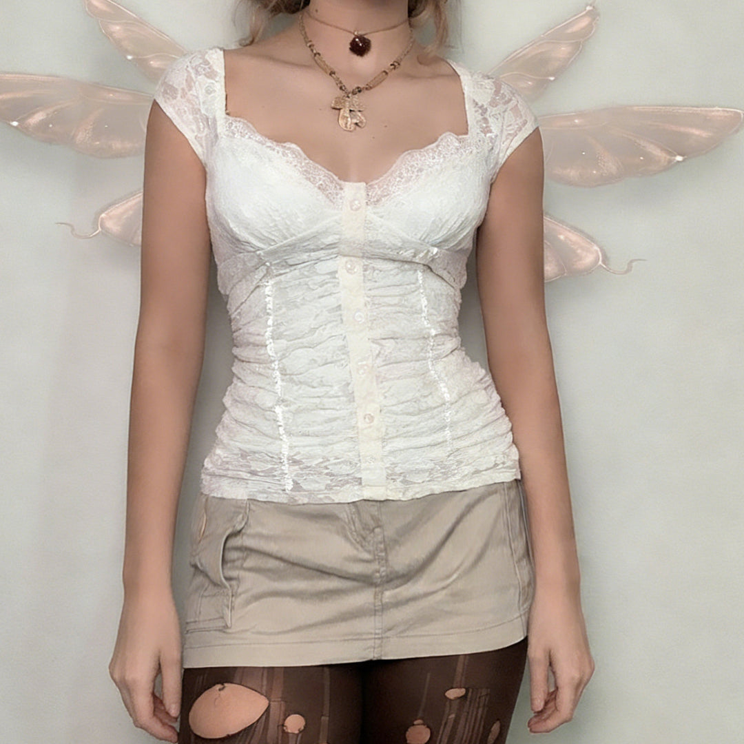 Damen Spitzen-Cropped-Top mit elegantem V-Ausschnitt und Rüschendetails Echo Archiv