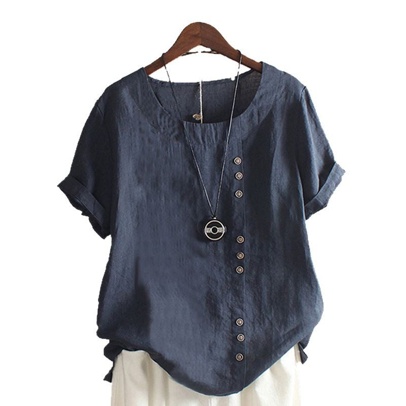 Damen Lässige Leinenbluse mit Umschlagbaren Ärmeln und Knopfdetails Echoarchiv