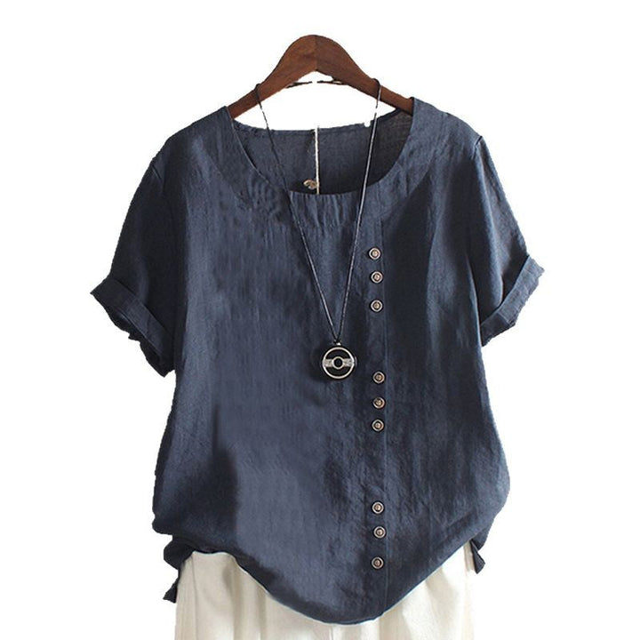Damen Lässige Leinenbluse mit Umschlagbaren Ärmeln und Knopfdetails Echoarchiv