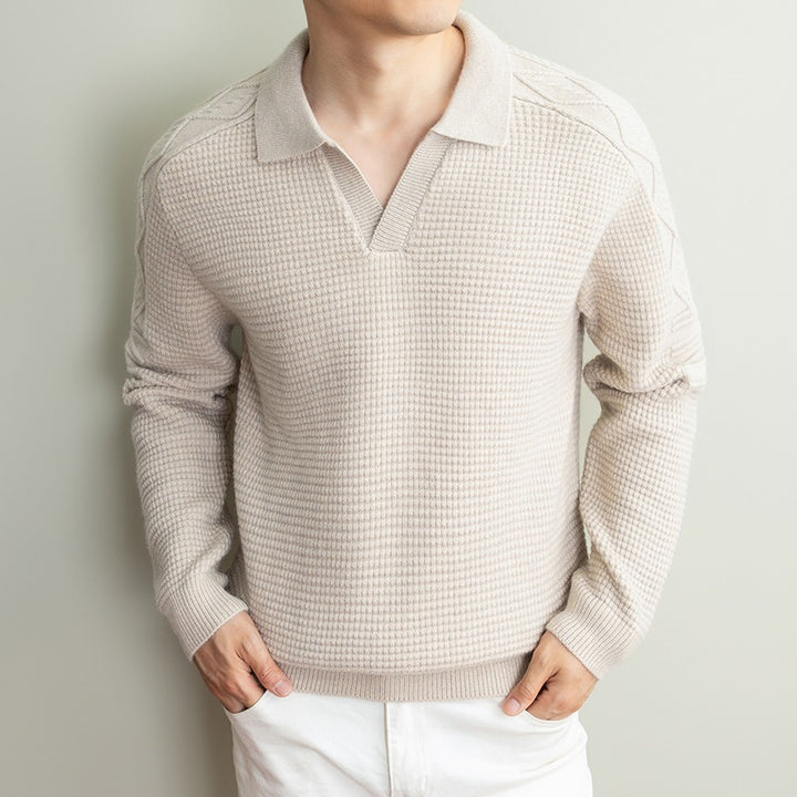 Herren Polo-Pullover mit strukturiertem Waffelstrick und Zopfmuster-Ärmeln Echo Archiv