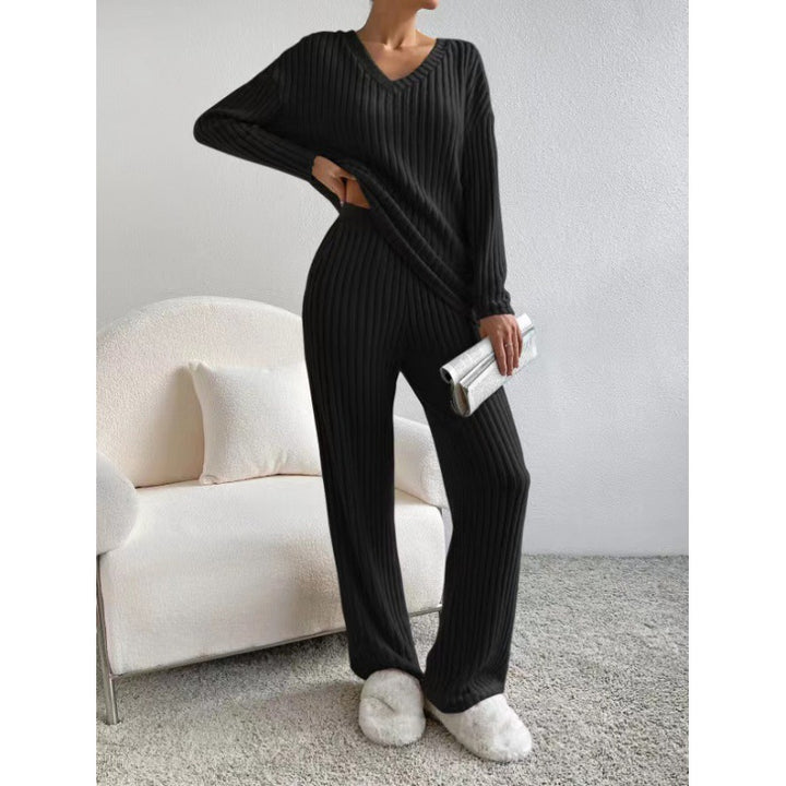 Damen Gemütliches Rippstrick-Loungewear-Set mit V-Ausschnitt und weitem Bein Echo Archiv