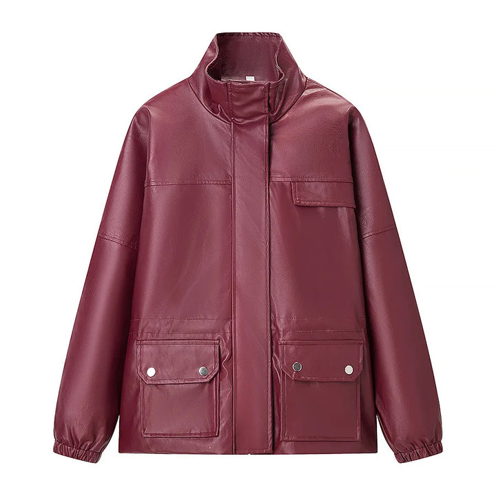 Damen lässige Kunstleder-Utilityjacke mit Stehkragen, aufgesetzten Pattentaschen und elastischen Bündchen – Célinea