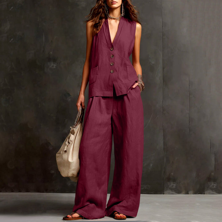 Damen Ärmelloses Longline-Westen und Palazzo-Hosen Set aus Leinenoptik – Célinea