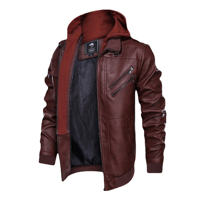 Herren Lederoptik-Utility-Jacke mit Kapuze, Reißverschlusstaschen und Rippbündchen – Taviero