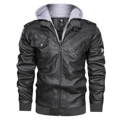 Herren Lederimitat-Fieldblouson mit innenliegendem Hoodie, Reißverschluss-Brusttaschen und Rippbündchen – Taviero