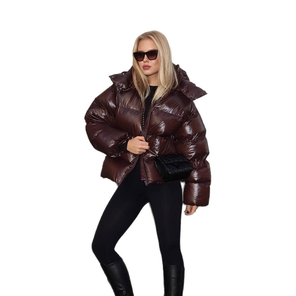 Damen Oversize Steppjacke in Lackoptik mit hohem Kragen und wattierter Fütterung Echoarchiv