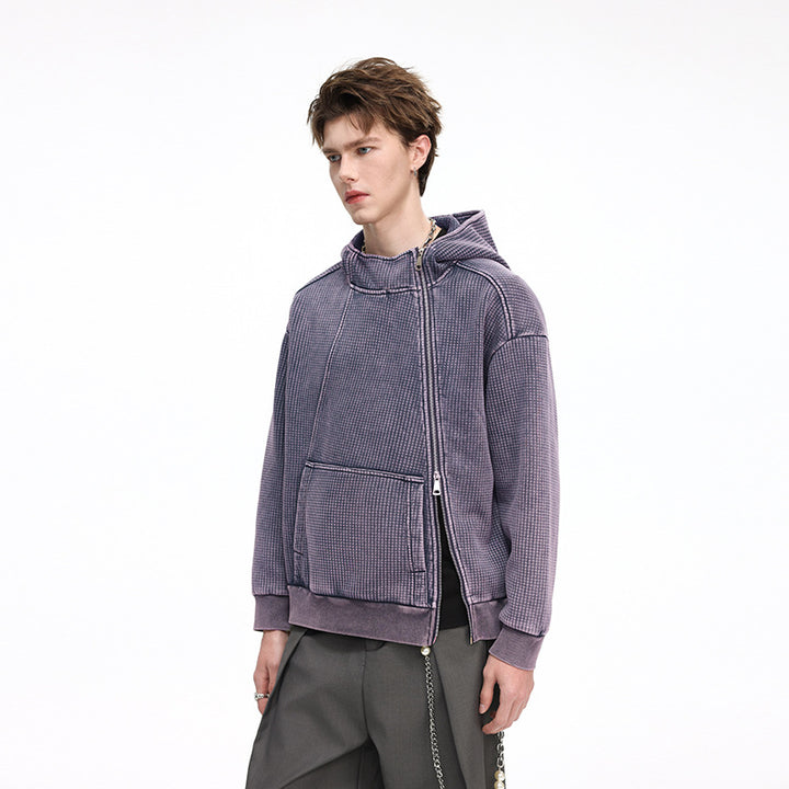 Herren Oversize Waffelstruktur-Kapuzenjacke mit hohem Schlauchkragen und diagonalem Reißverschluss Echo Archiv