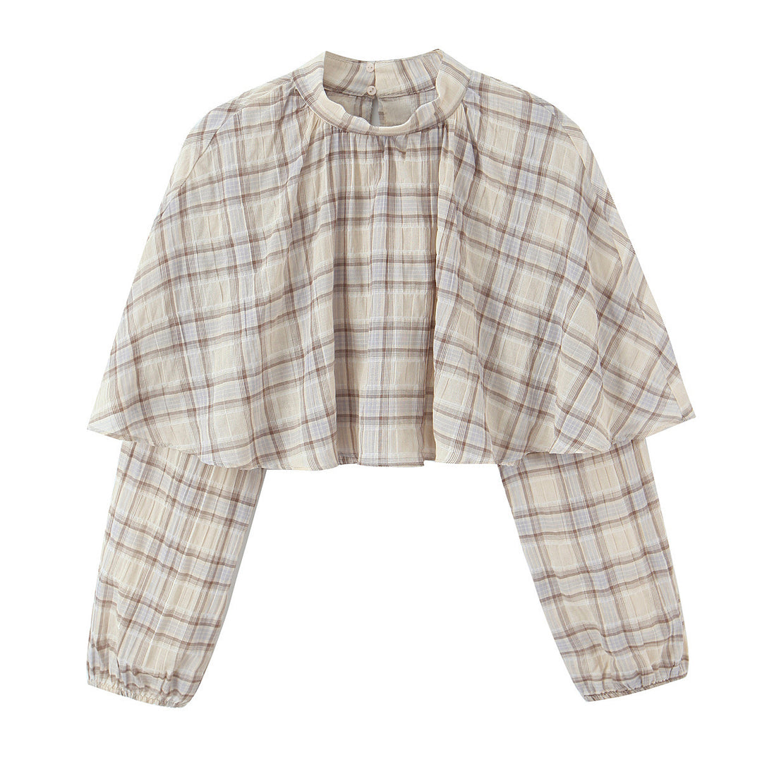 Damen Cropped Blusenoberteil mit Cape-Überwurf und Stehkragen Echoarchiv