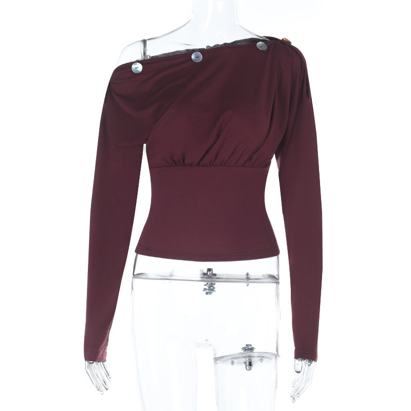 Damen One-Shoulder Langarm-Top mit taillierter Passform, elastischem Bund und Zierknöpfen – Avérine