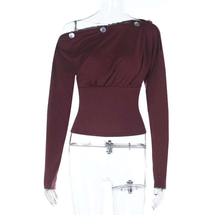 Damen One-Shoulder Langarm-Top mit taillierter Passform, elastischem Bund und Zierknöpfen – Avérine