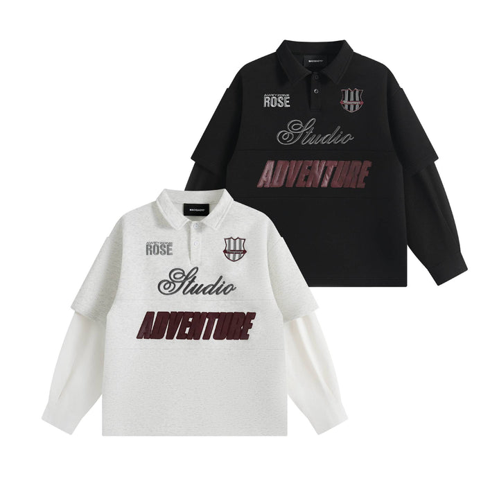 Damen Lagenlook-Sweatshirt mit Polokragen und aufgesetzten Stick-Patches Echoarchiv