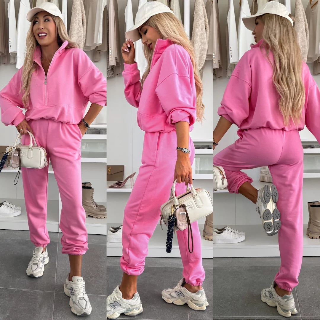 Damen kuscheliger Freizeit-Jogginganzug mit halbem Reißverschluss, Kängurutasche und elastischen Bündchen – Avérine