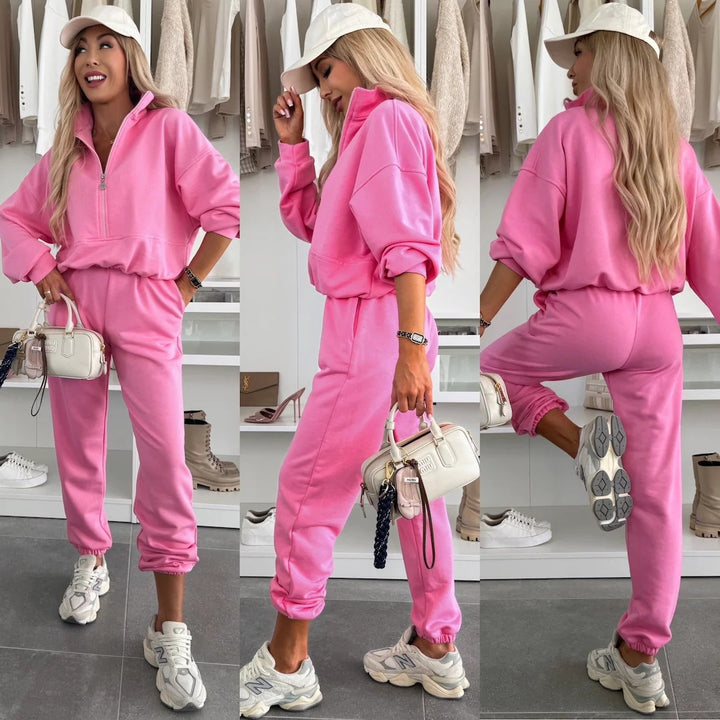 Damen kuscheliger Freizeit-Jogginganzug mit halbem Reißverschluss, Kängurutasche und elastischen Bündchen – Avérine