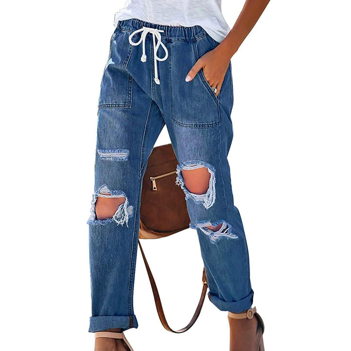 Damen nan lässige Destroyed-Denim-Jogger mit elastischem Kordelbund und aufgesetzten Fronttaschen Echo Archiv