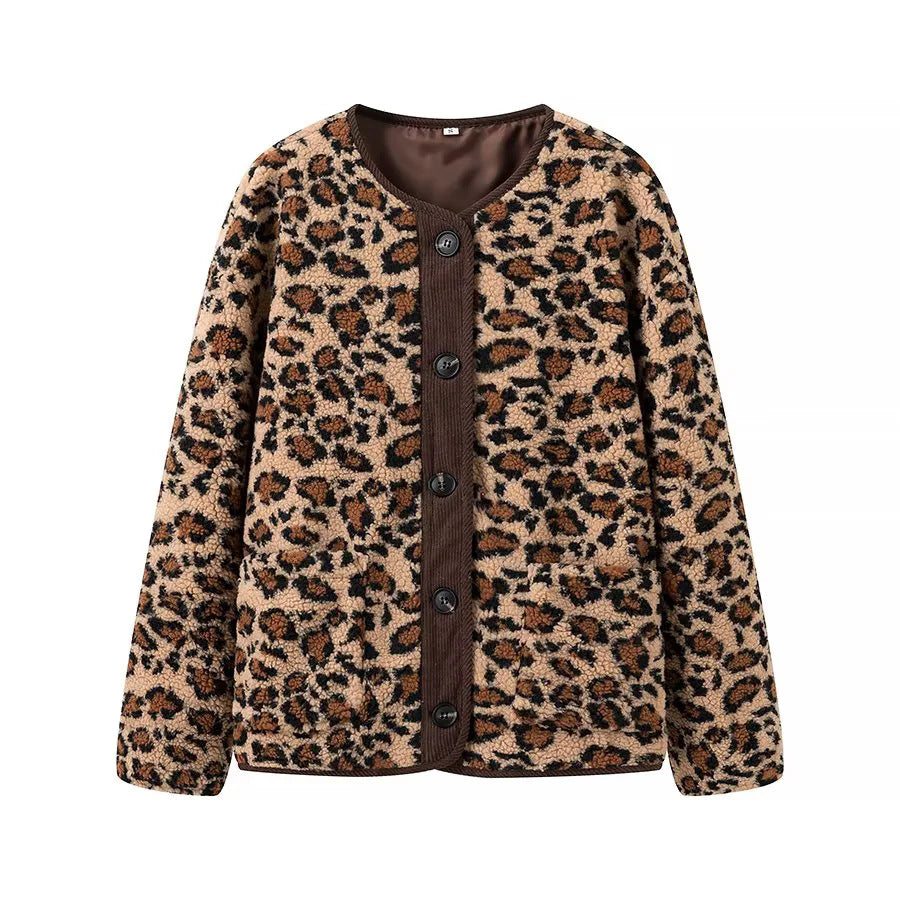 Damen Teddyjacke mit Leopardenmuster Knopfverschluss und Kordbesatz – Célinea