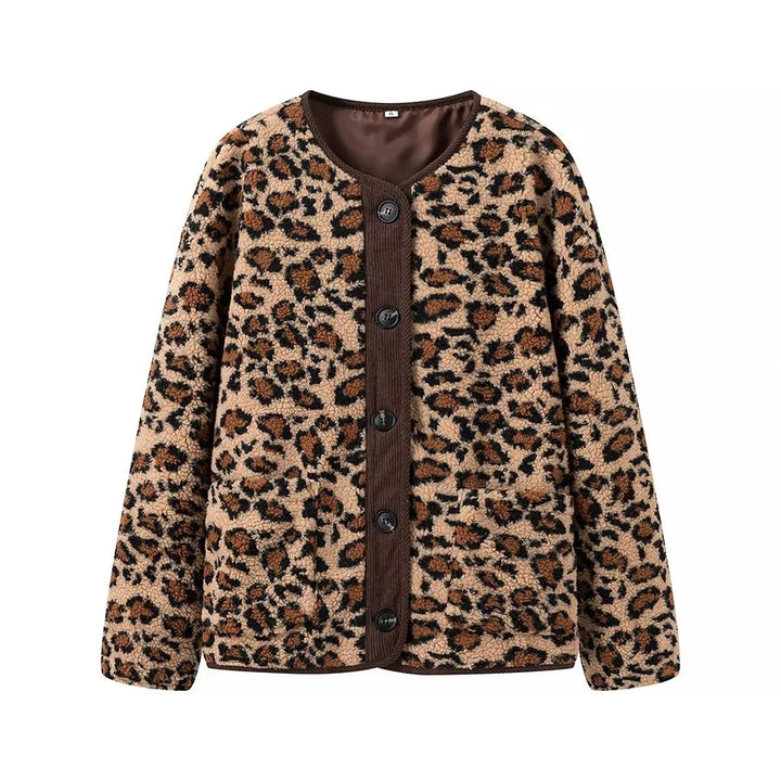 Damen Teddyjacke mit Leopardenmuster Knopfverschluss und Kordbesatz – Célinea