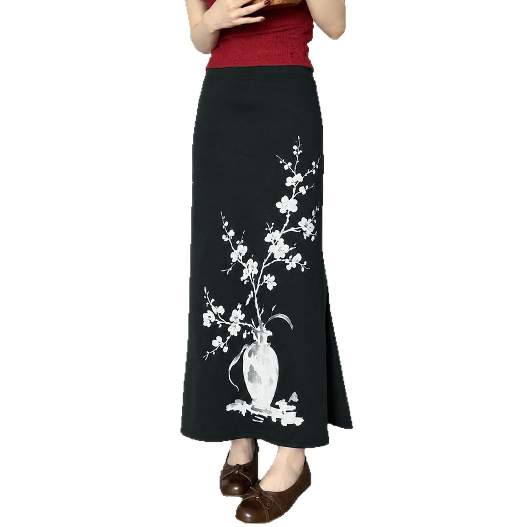 Damen nan ausgestellter Maxi-Rock mit A-Linien-Schnitt, elastischem Bund und floraler Aquarell-Vasen-Print Echo Archiv