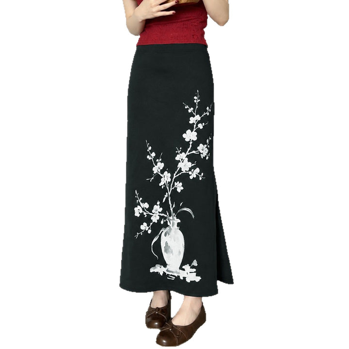 Damen nan ausgestellter Maxi-Rock mit A-Linien-Schnitt, elastischem Bund und floraler Aquarell-Vasen-Print Echo Archiv