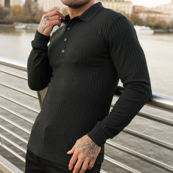 Herren elegantes langärmliges Poloshirt im strukturierten Design Echoarchiv