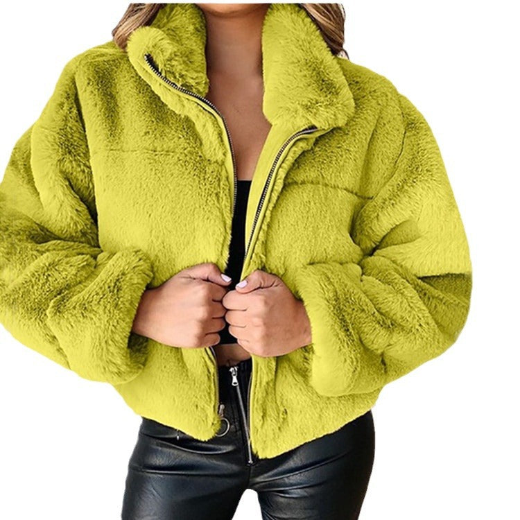 Damen nan kurze kuschelige Kunstpelzjacke mit Stehkragen und Reißverschluss Echo Archiv