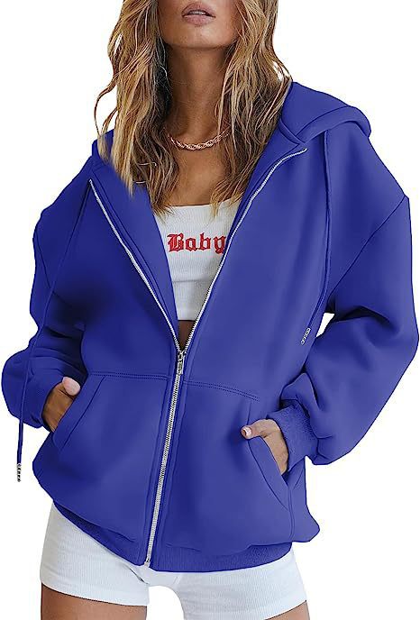 Damen übergroße Kapuzenjacke mit durchgehendem Reißverschluss und Kängurutaschen – Auréline