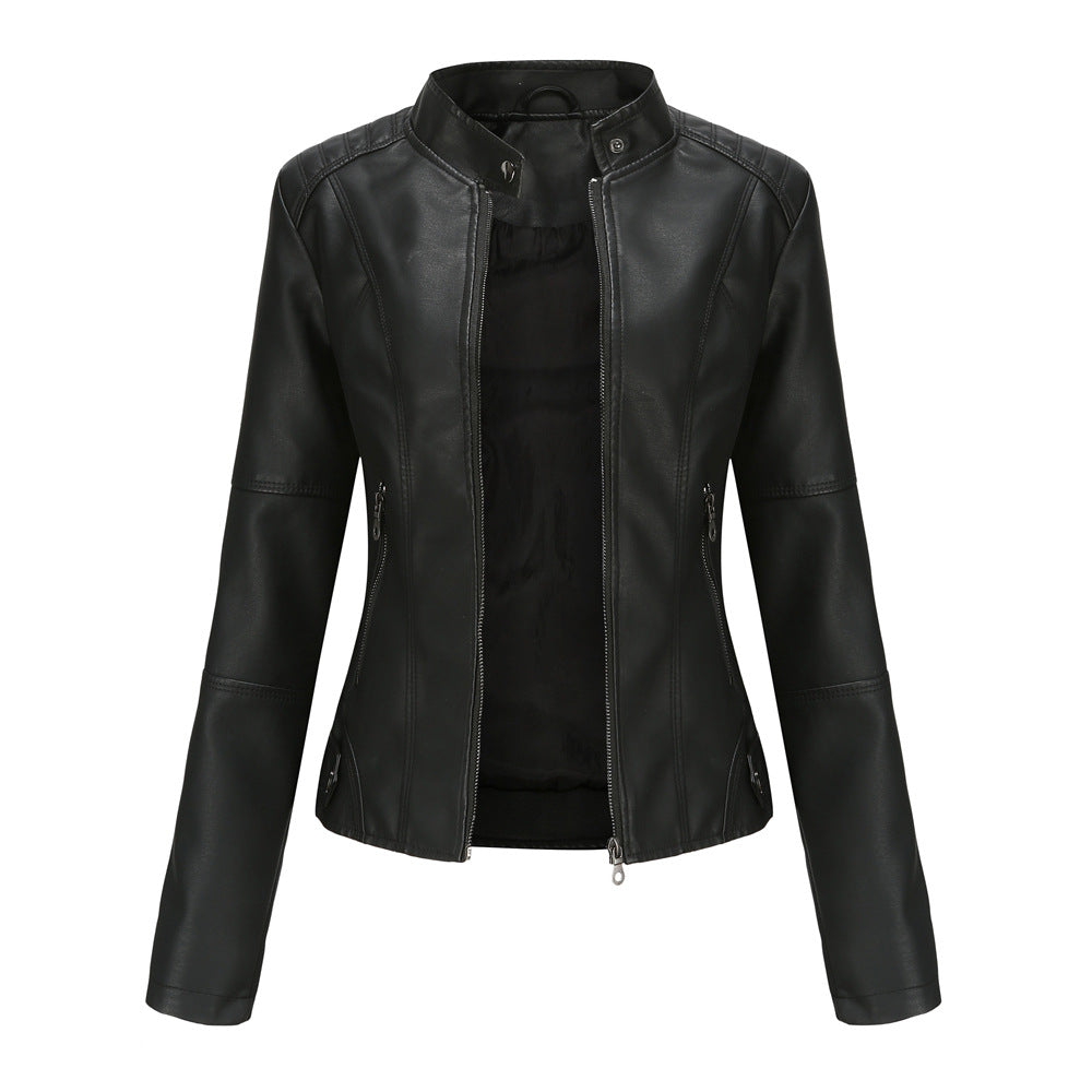 Damen nan schlanke Kunstlederjacke im Bikerstil mit Stehkragen und formenden Abnähern Echo Archiv