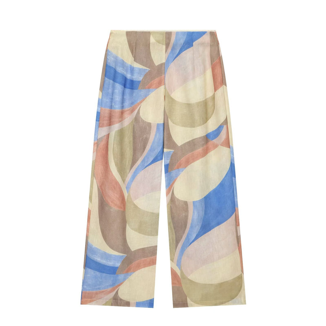Damen Weite High‑Waist Leinenmix‑Hose mit abstraktem Aquarellprint Echo Archiv