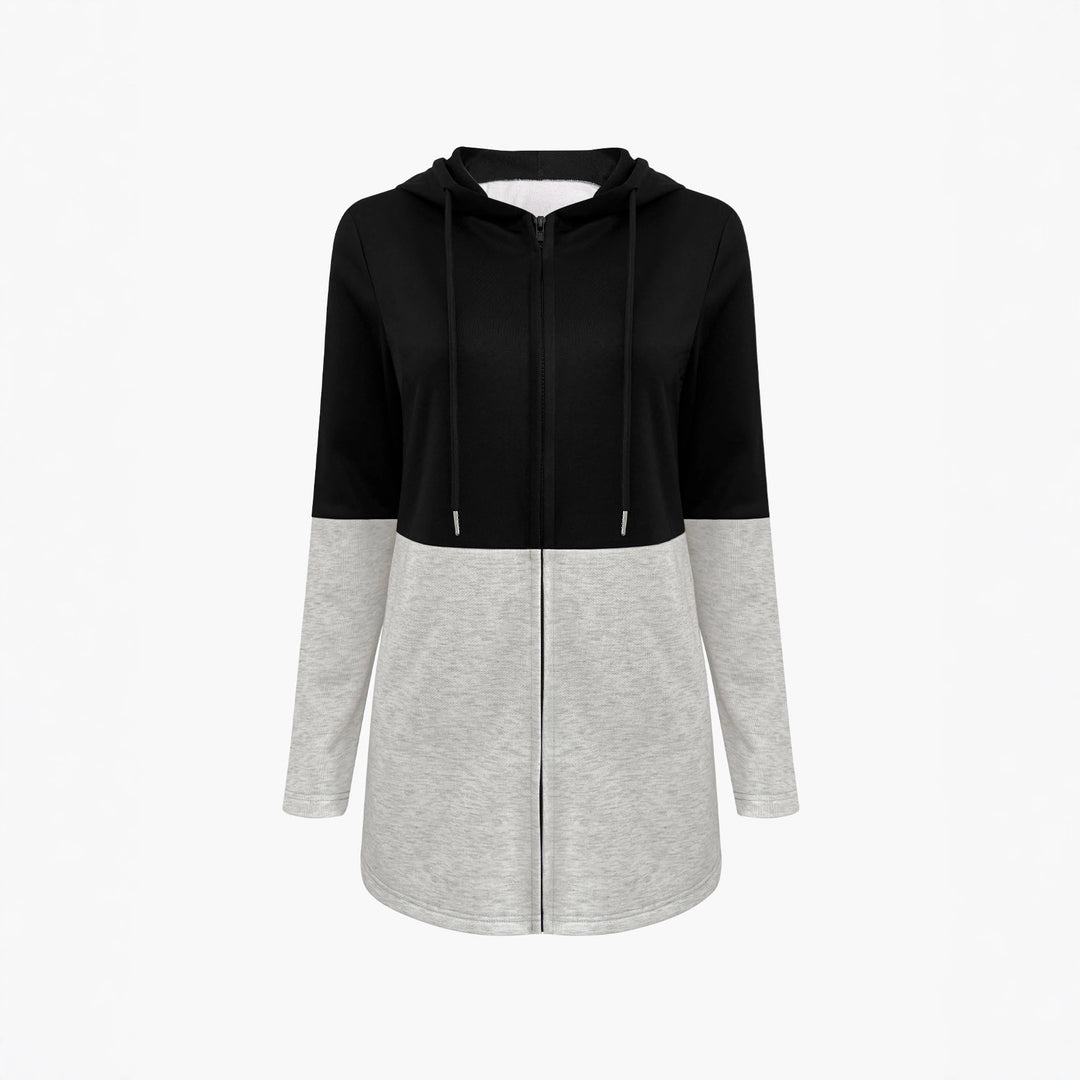 Damen Longline Kapuzen‑Sweatjacke mit Farbblock, Reißverschluss und Eingrifftaschen – Auréline