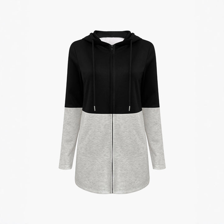 Damen Longline Kapuzen‑Sweatjacke mit Farbblock, Reißverschluss und Eingrifftaschen – Auréline