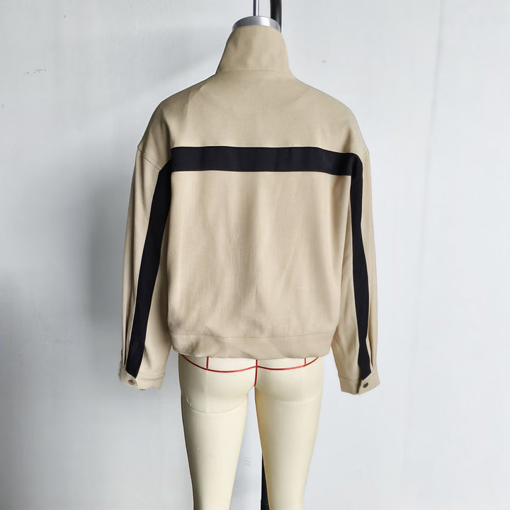 Damen Boxy-Cropped-Übergangsjacke mit Stehkragen, kontraststreifen und Eingrifftaschen Echoarchiv