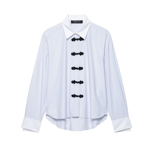 Damen Oversize-Hemdbluse mit Kontrastkragen, Manschetten und Froschknopf-Detail Echo Archiv
