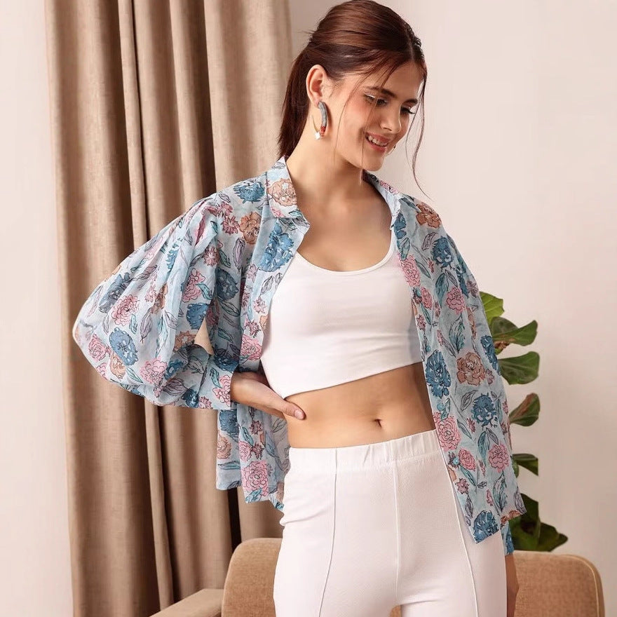 Damen leicht transparente Chiffonjacke mit floralen Motiven und ballonartigen Ärmeln Echo Archiv