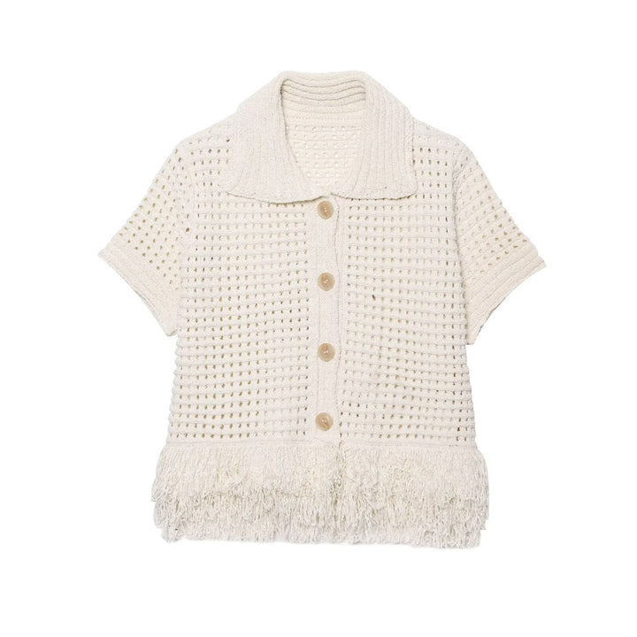 Damen Kurzarm-Strickjacke mit fransigem Saum und dekorativen Knöpfen Echo Archiv