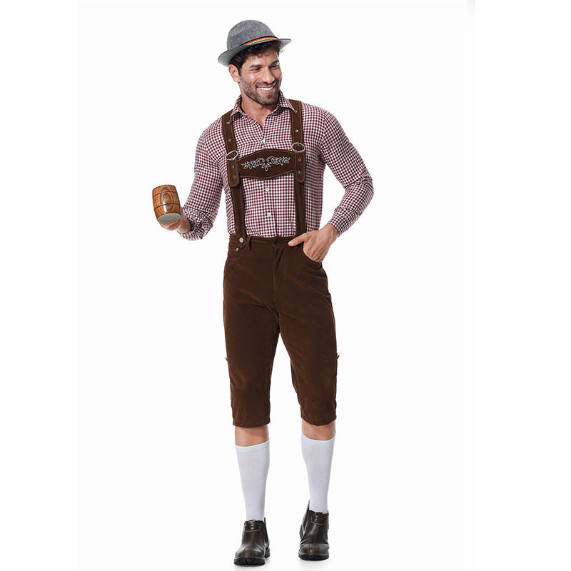 Herren nan kurze Trachtenlederhose in Veloursleder-Optik mit besticktem Brustlatz und verstellbaren Trägern Echo Archiv