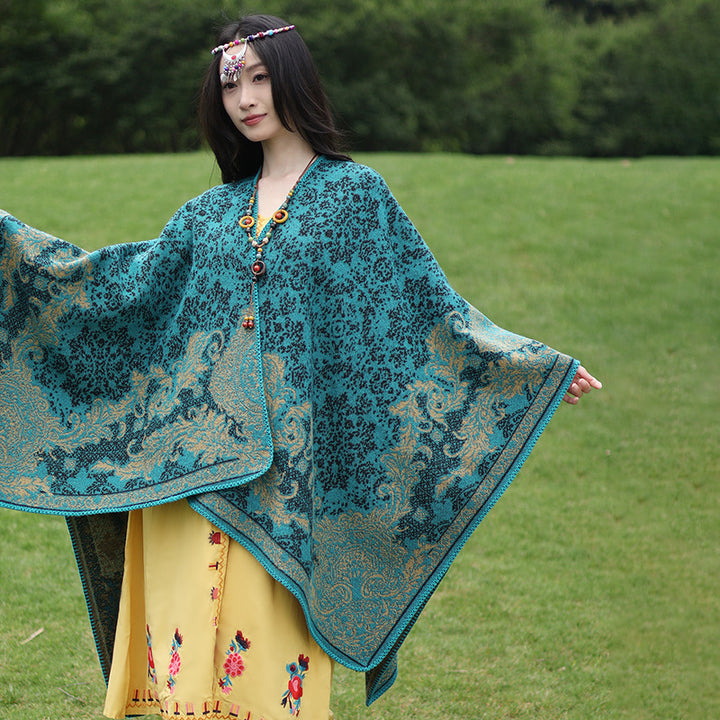 Damen Jacquard‑Ruana mit floraler Bordüre und offenem Oversize‑Schnitt – Avérine