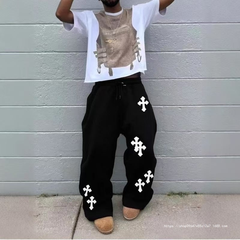 Herren Weite Sweatpants mit Gothic-Kreuz-Print, Tunnelzug & Tiefer Schritt Echo Archiv