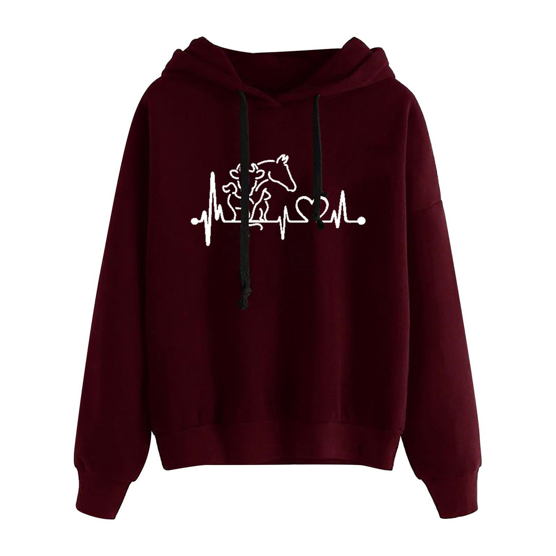 Damen leichter Oversize Kapuzenpullover mit Herz‑EKG‑Motiv, langen Kordeln und elastischem Bund – Auréline