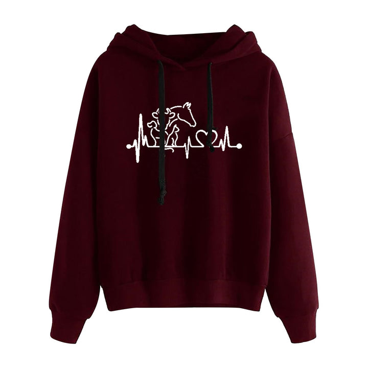 Damen leichter Oversize Kapuzenpullover mit Herz‑EKG‑Motiv, langen Kordeln und elastischem Bund – Auréline