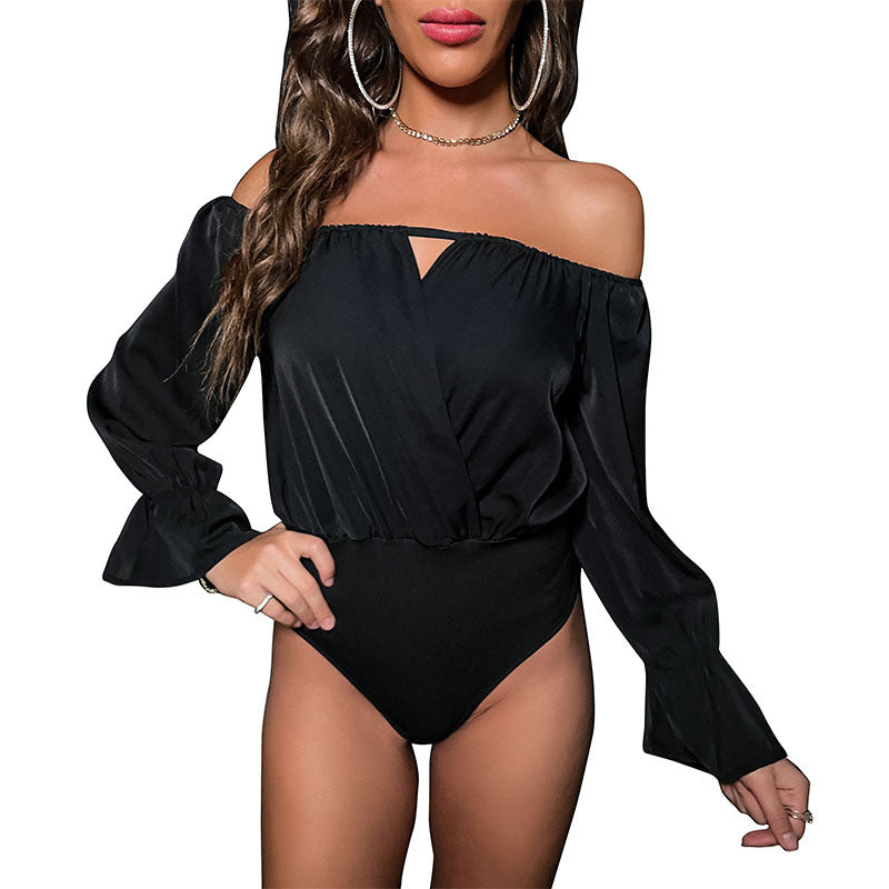 Damen Off-Shoulder Satin-Wickelshirt mit Schlitzdetail und Ballonärmeln Echoarchiv