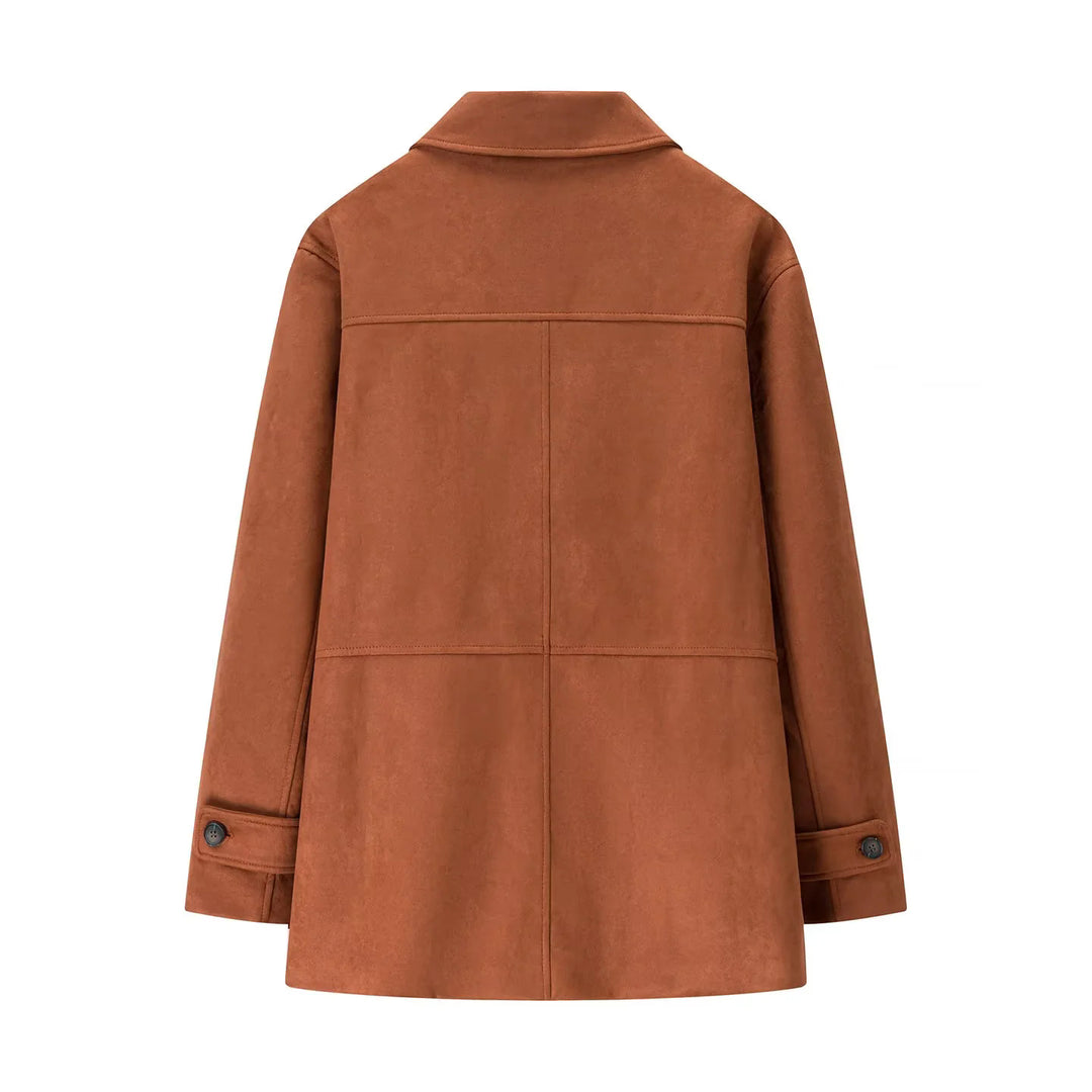 Damen eleganter Veloursmantel mit Hemdkragen aufgesetzten Pattentaschen und geradem Schnitt – Montévia