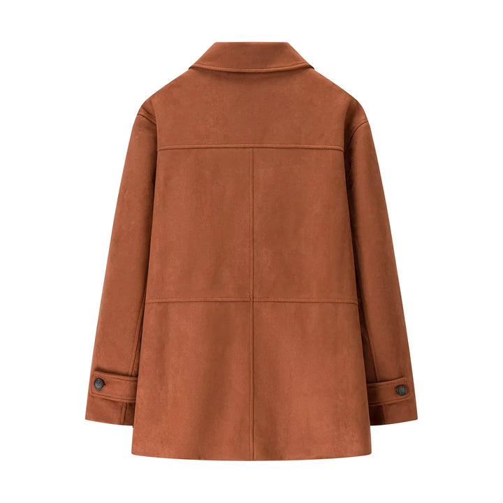 Damen eleganter Veloursmantel mit Hemdkragen aufgesetzten Pattentaschen und geradem Schnitt – Montévia