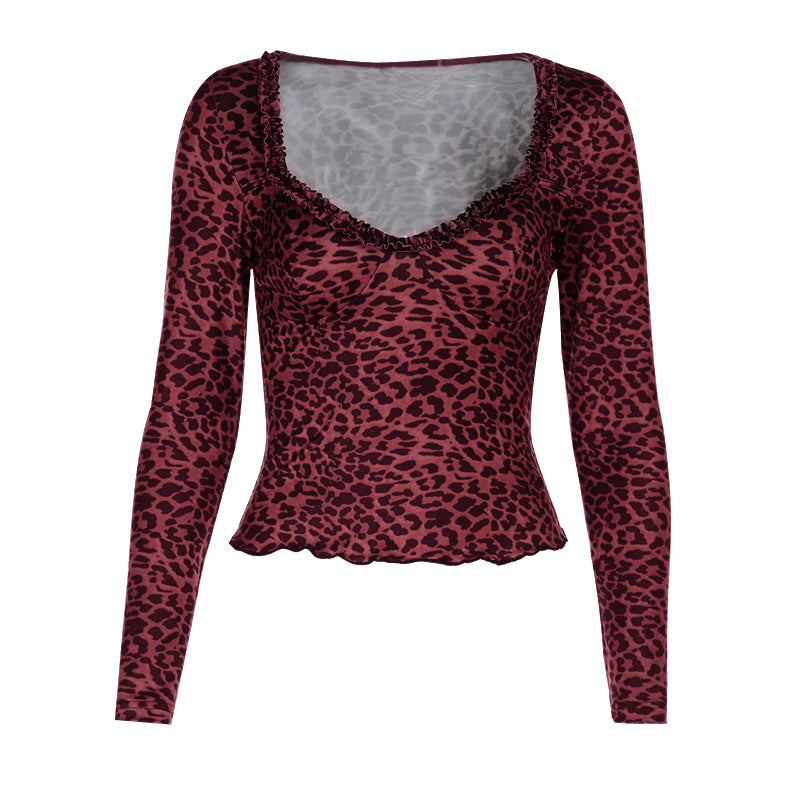 Damen elegantes Leopardenmuster Langarmoberteil Echo Archiv
