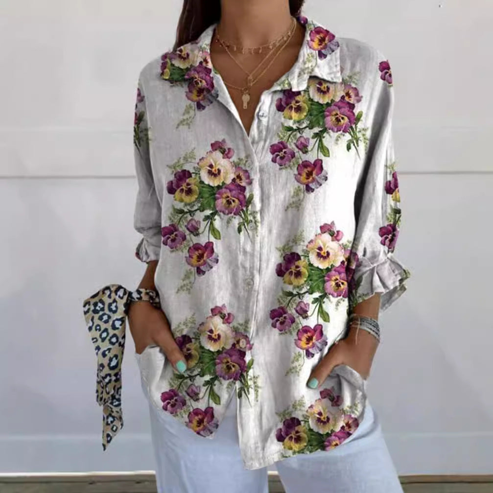 Damen nan leichte Leinenoptik-Hemdbluse mit Blumenmuster, lockerem Schnitt, krempelbaren Ärmeln und Eingrifftaschen Echo Archiv