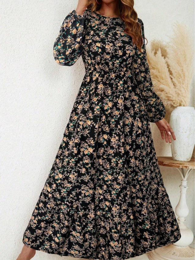 Damen Florales Midikleid mit elastischer Taillenpartie, langen Balloonärmeln und Volantstufe – Élara