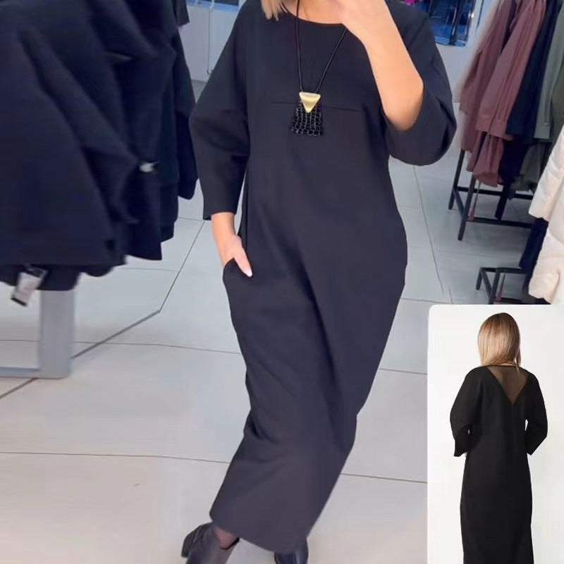 Damen nan gerades Maxikleid mit knöchellanger Silhouette, halblangen Ärmeln, Seitentaschen und transparentem V-Rücken Echo Archiv
