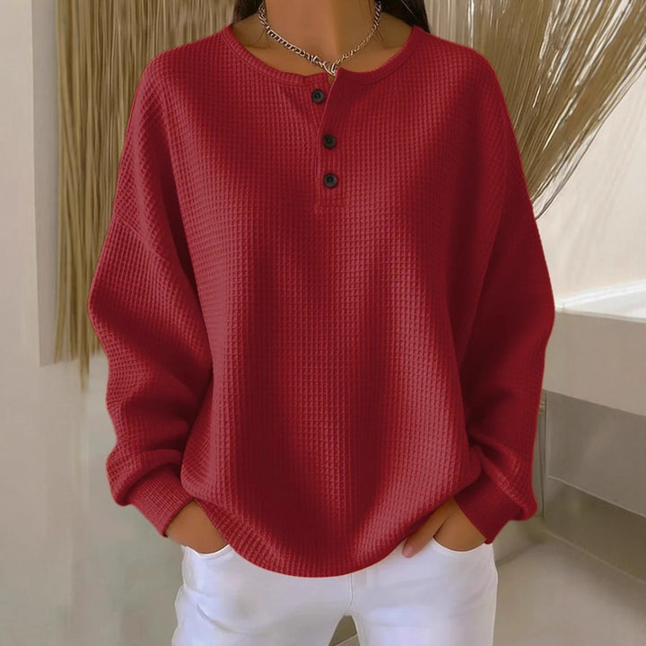 Damen nan Oversized Waffelstrick Henley-Pullover mit Knopfleiste und abgerundetem Saum Echo Archiv
