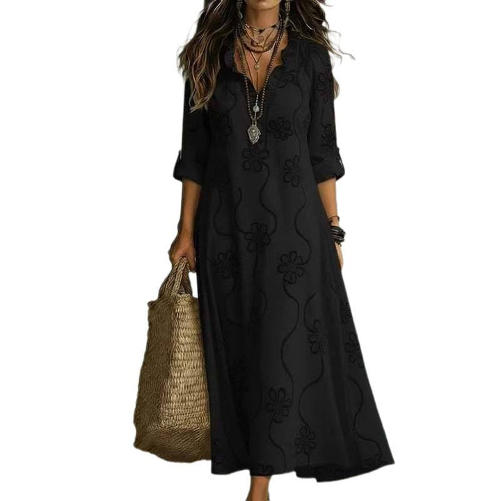 Damen Langes Boho-Maxikleid mit Blumenstickerei und V‑Ausschnitt Echoarchiv
